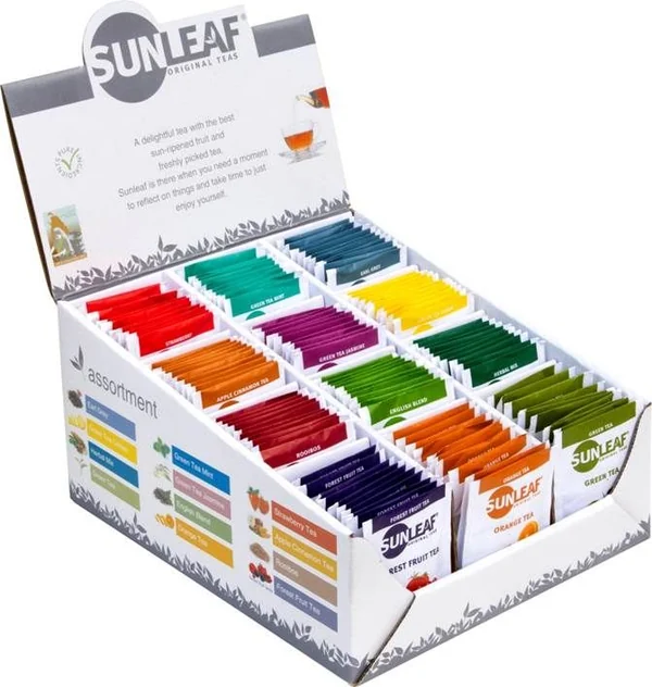 Sunleaf displaybox met twaalf theesmaken in gekleurde vakjes