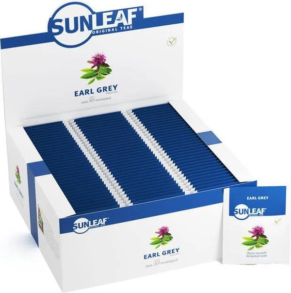 Doos Sunleaf Earl Grey met los verpakte theezakjes in envelop